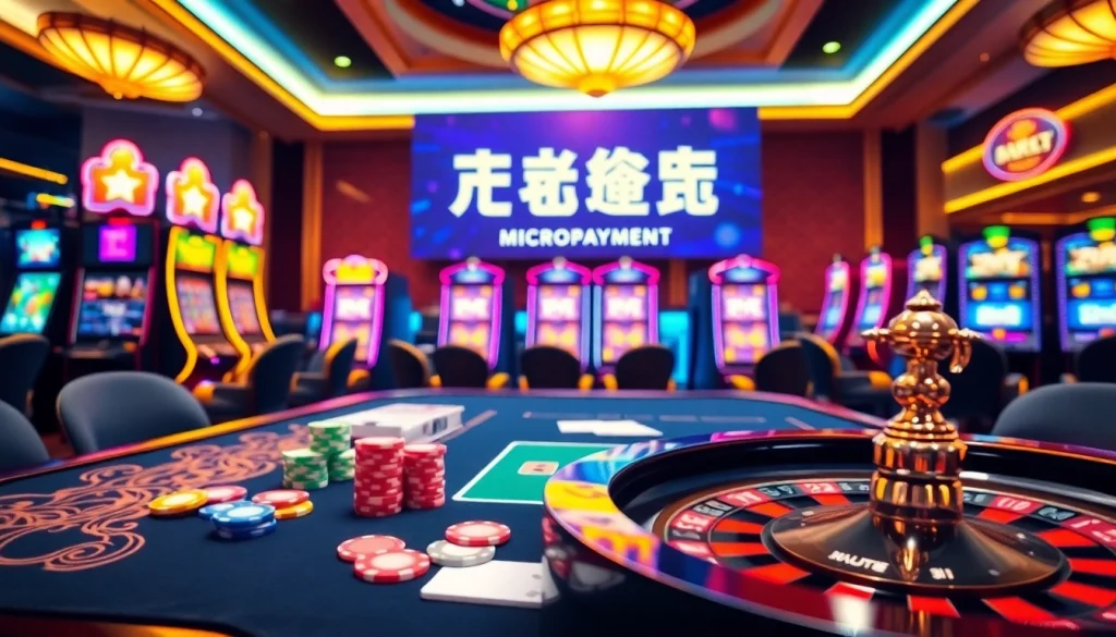 Engaging casino scene highlighting 소액결제 with vibrant poker chips and slot machines.