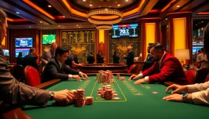 Players at a luxurious poker table strategically engaging with betting slips and 7mcn odds displayed prominently.