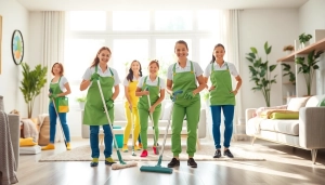 Cleaning service team actively organizing a bright, modern home, showcasing their professional expertise.