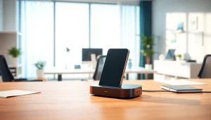 Showcasing the AI Recorder Dock, a sleek and modern device enhancing productivity in a clean office.