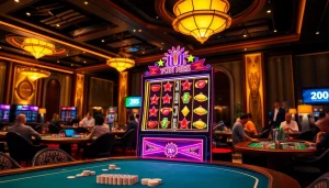 Nổ Hũ QH88 vibrant slot machine amidst an exciting casino backdrop, highlighting luxury and thrill.