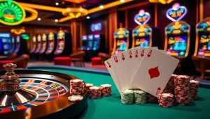 Experience the excitement of high-stakes gambling with "Nếu như vậy bám vào đây" showcasing roulette wheels and poker chips.