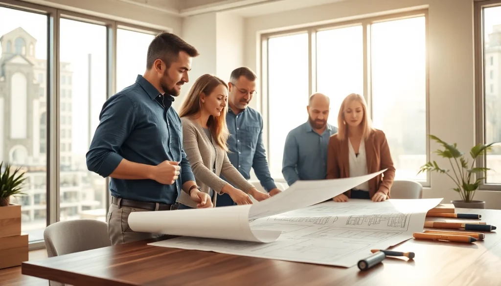 New Jersey General Contractor collaborating on construction plans in a modern office setting.