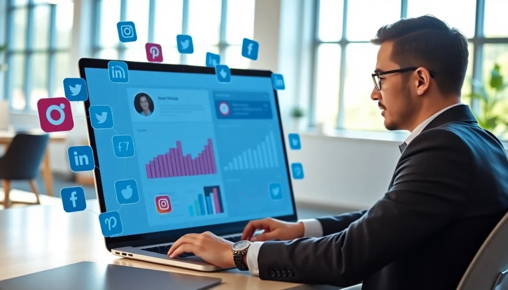 Engaging professional analyzing Instagram SMM panel metrics in a bright office.