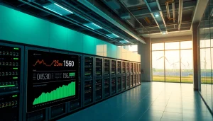 Cloud crypto mining facility powered by renewable energy showcasing advanced technology and real-time data.