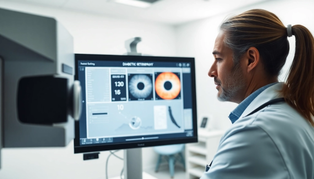 Screen displaying diabetic retinopathy screening insights on trevia.com with healthcare professional.
