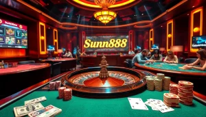 Players engaging with casino games at https://sunwin88.art/, featuring an elegant roulette wheel and vibrant poker tables.