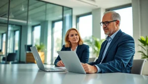 Professional SMSF accountant consulting with a client about investment strategies.