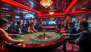 Players enjoying thrilling games at a luxurious casino, featuring the link Go99 for betting excitement and engagement.