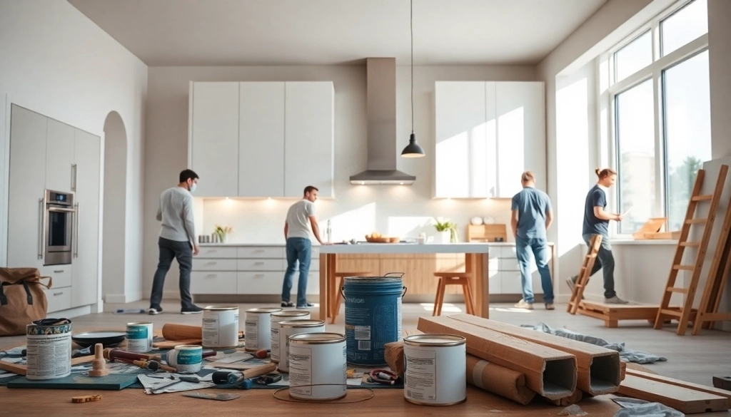 Home renovation process in a modern kitchen with tools and materials prominently displayed.