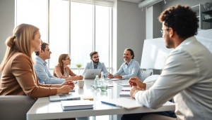 Engaging business meeting showcasing collaboration and professional interaction in a modern office.