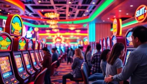 Menampilkan para pemain berinteraksi dengan mesin slot bet kecil yang berwarna-warni di kasino.