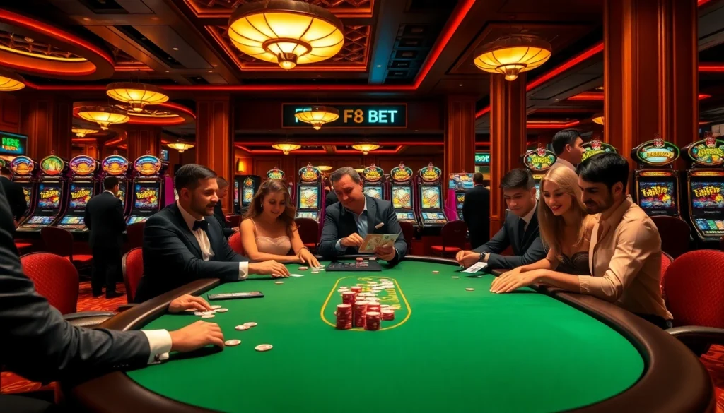 Excited players engage in thrilling poker games at F8 BET casino, showcasing vibrant tables and lively atmosphere.