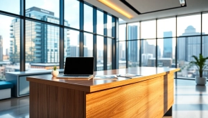 Showcasing Real Estate office interior with modern design and urban views.