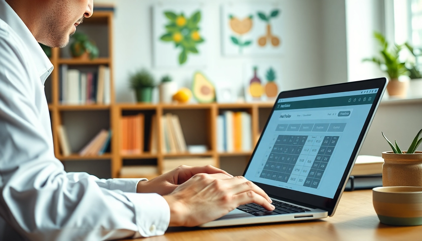 Nutritionist using a calorie calculator to analyze daily caloric intake in a cozy home office.