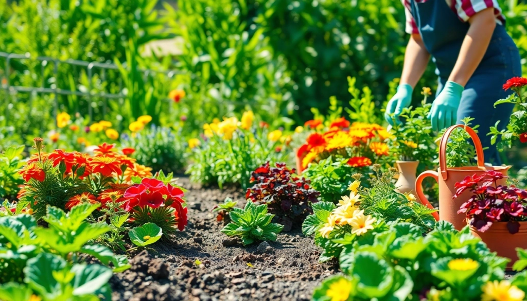 Gardening enthusiast cultivating a vibrant garden with colorful flowers and vegetables.