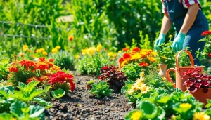 Gardening enthusiast cultivating a vibrant garden with colorful flowers and vegetables.