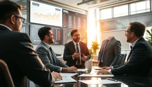 View of ore brokers negotiating deals in a modern office with charts and digital displays.