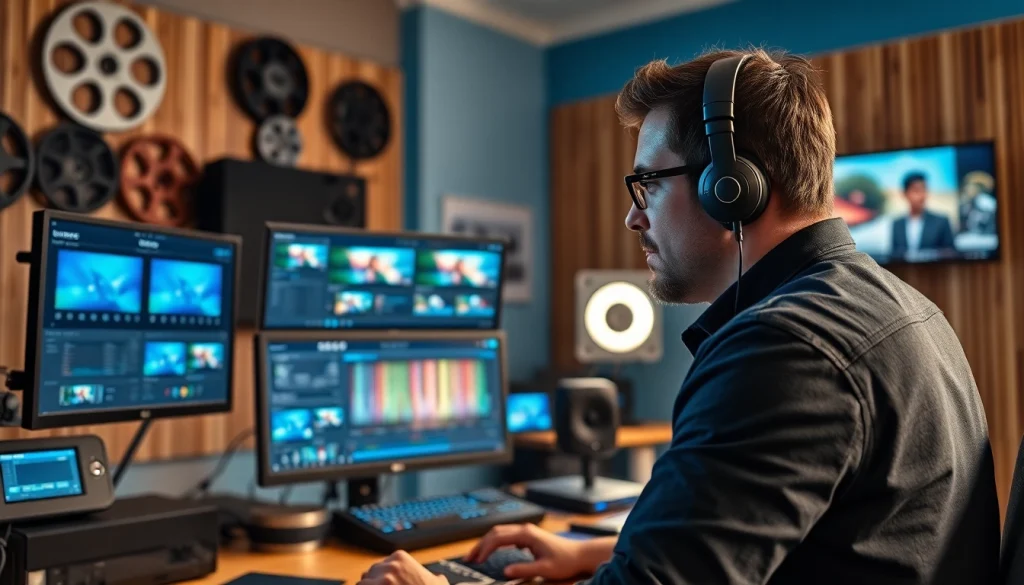 Showcase of video editing services highlighting a skilled editor in a professional studio environment.