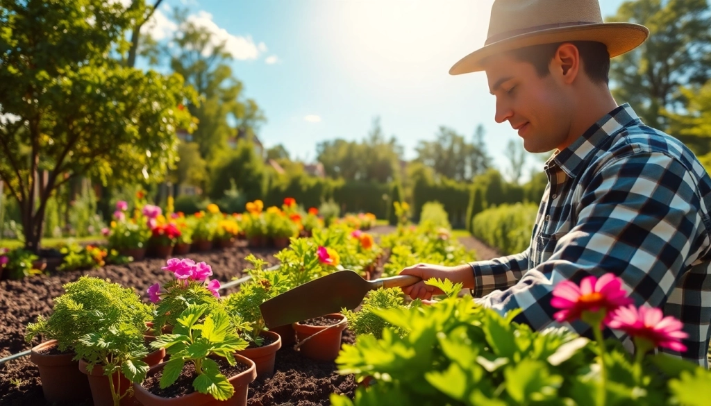 Gardening professional nurturing a thriving garden with vibrant plants and flowers.