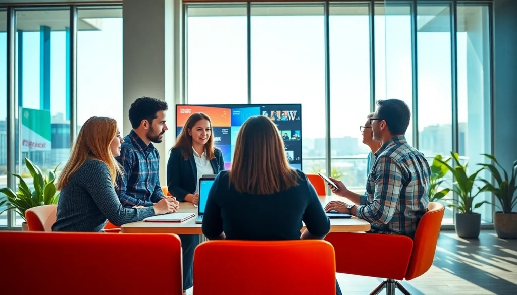 Marketing team strategizing together at a Florida Ad Agency in a bright, creative workspace.
