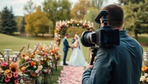 Edmonton videographer filming a wedding ceremony with a scenic backdrop.