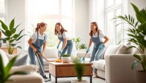 Cleaning service team efficiently cleaning and organizing a bright home, showcasing their professionalism and friendliness.