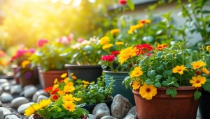 Gardening enthusiasts cultivating a vibrant urban garden filled with colorful flowers and vegetables.