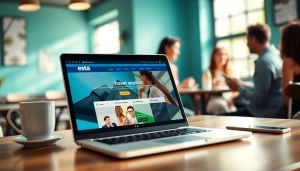 Engaging user exploring esta application on a laptop in a cozy café setting.