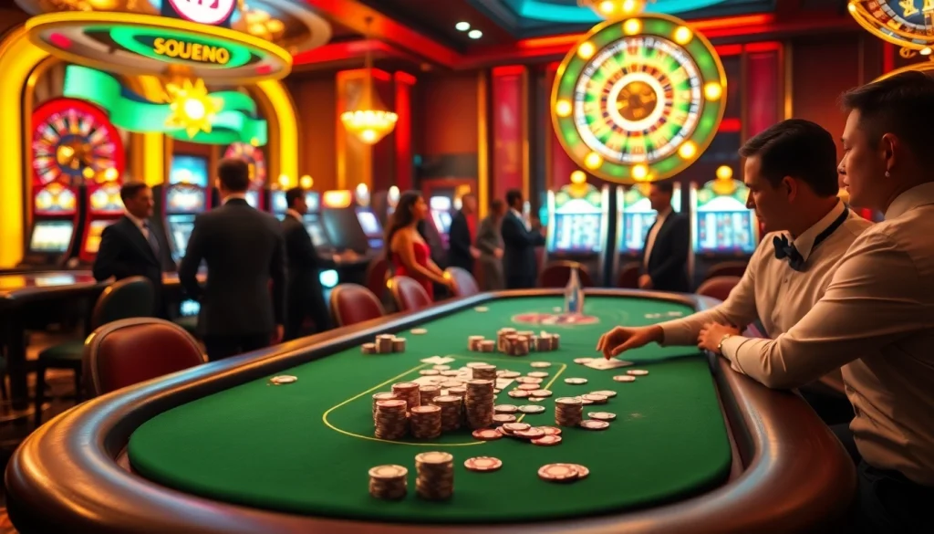 Gamblers strategize at a poker table with colorful jbo chips in a vibrant casino setting.