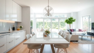 Showcasing a stunning home renovation in a modern kitchen and living area, emphasizing style and elegance.