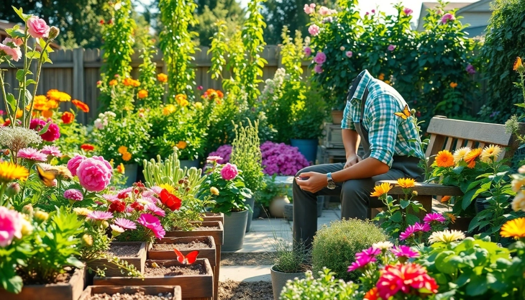 Gardening enthusiast tending to vibrant plants in a lush, sunlit garden.