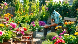 Gardening enthusiast tending to vibrant plants in a lush, sunlit garden.