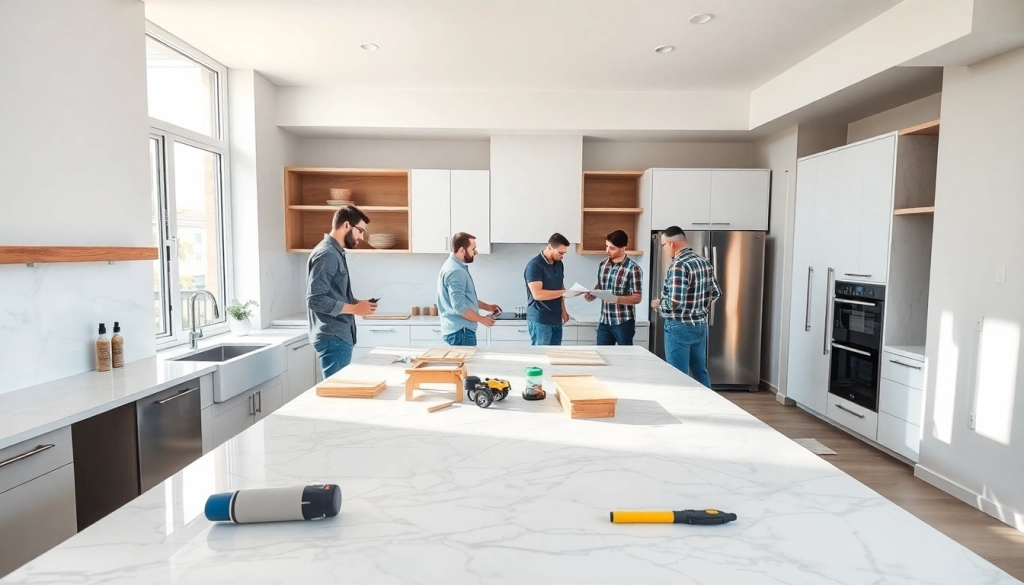 Transforming a kitchen with home renovation essentials and skilled craftsmen at work.