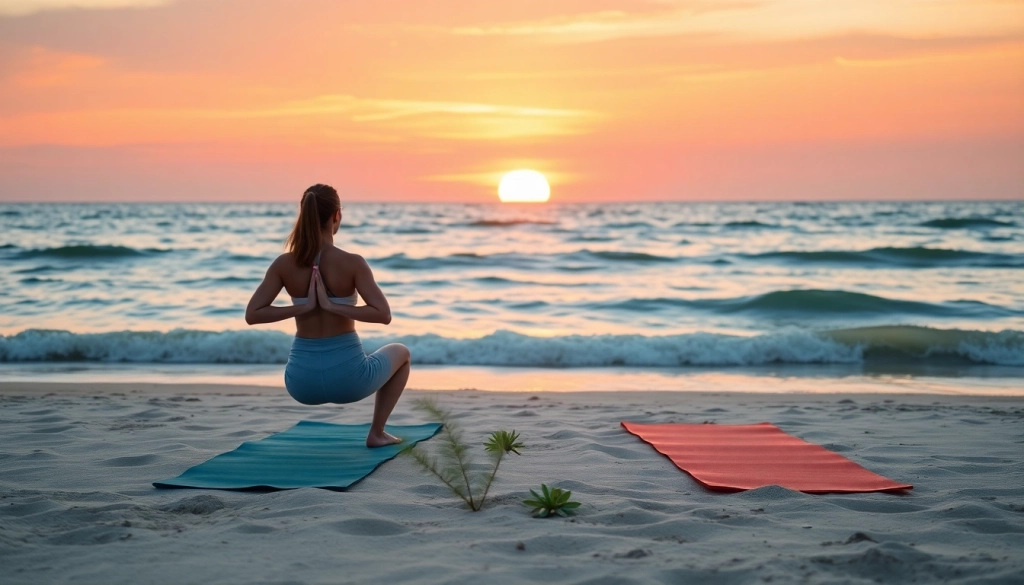 orbitnix.com에서 요가하는 커플의 평화로운 해변 풍경