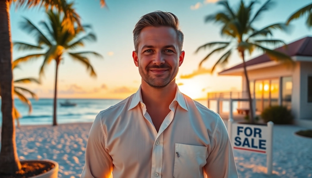 Dustin Rennie Belize standing confidently in front of a stunning beachfront property at sunset, inviting real estate investors.