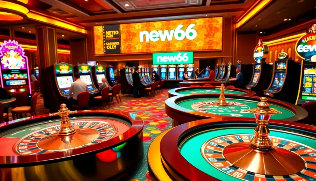 Exciting casino scene showcasing new66 gaming experiences with poker tables and slot machines.