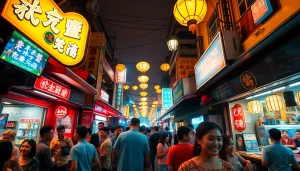 Vibrant scene of 베트남밤문화 showing nightlife with bars, neon lights, and entertainment.