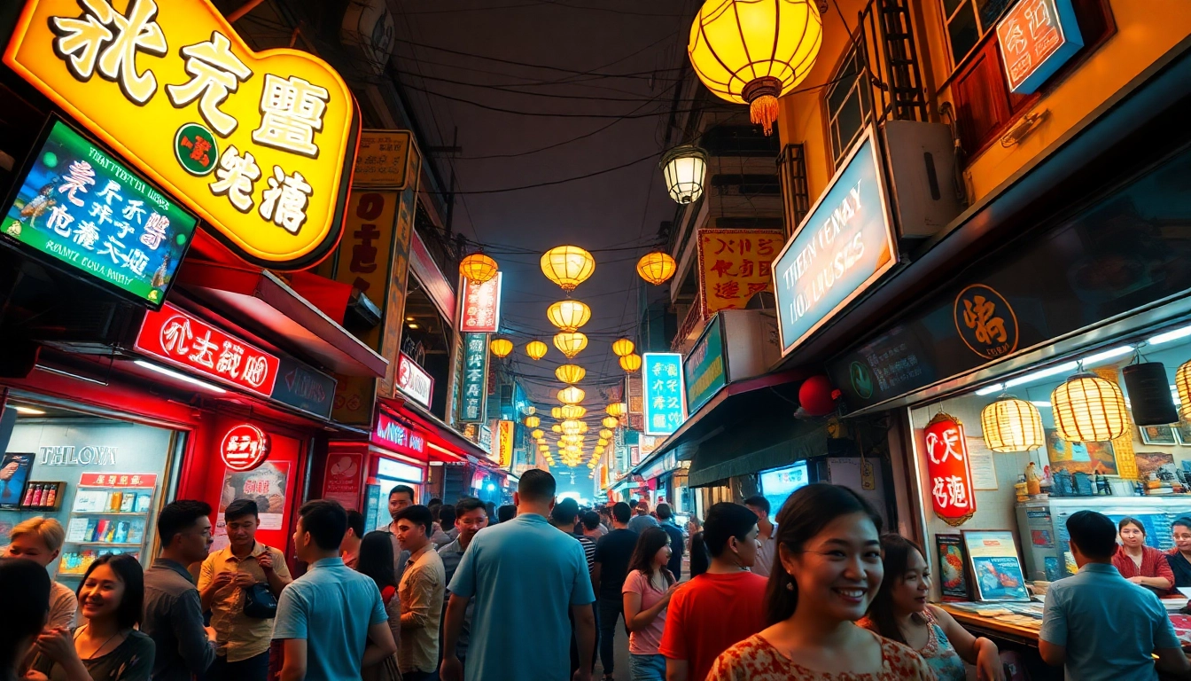 Vibrant scene of 베트남밤문화 showing nightlife with bars, neon lights, and entertainment.