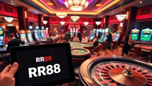 Players winning big at https://rr88.wales/ with poker tables and slot machines in a luxurious casino setting.