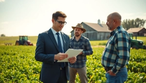 Engaging agriculture lawyer advising farmers in a vibrant farming setting.