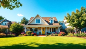 Highlighting a real estate property in a sunny suburban neighborhood with vibrant gardens.