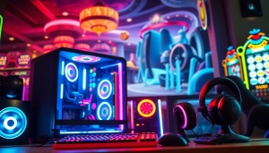 Menggambarkan keseruan bermain petanitoto dengan alat gaming modern dan latar belakang kasino virtual.