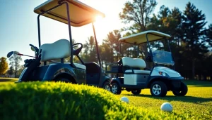 Explore vibrant Fresno golf carts for sale on a sunlit golf course with lush greens.