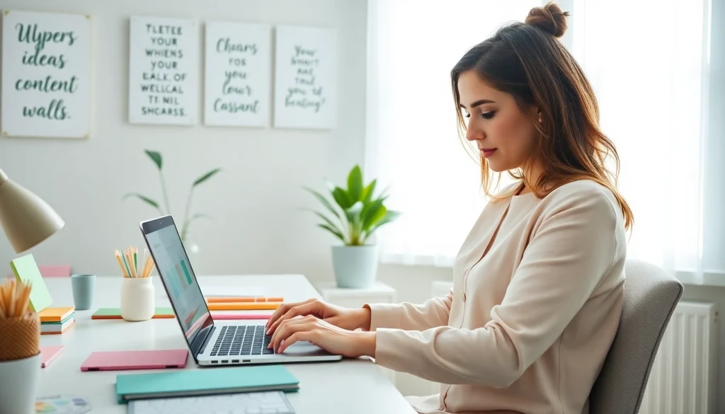 Engaging mom blogger working on content ideas at https://giveaways4mom.com in a vibrant home office.