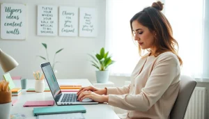 Engaging mom blogger working on content ideas at https://giveaways4mom.com in a vibrant home office.