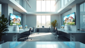 Discover the modern real estate office showcasing homes and vibrant market visuals.