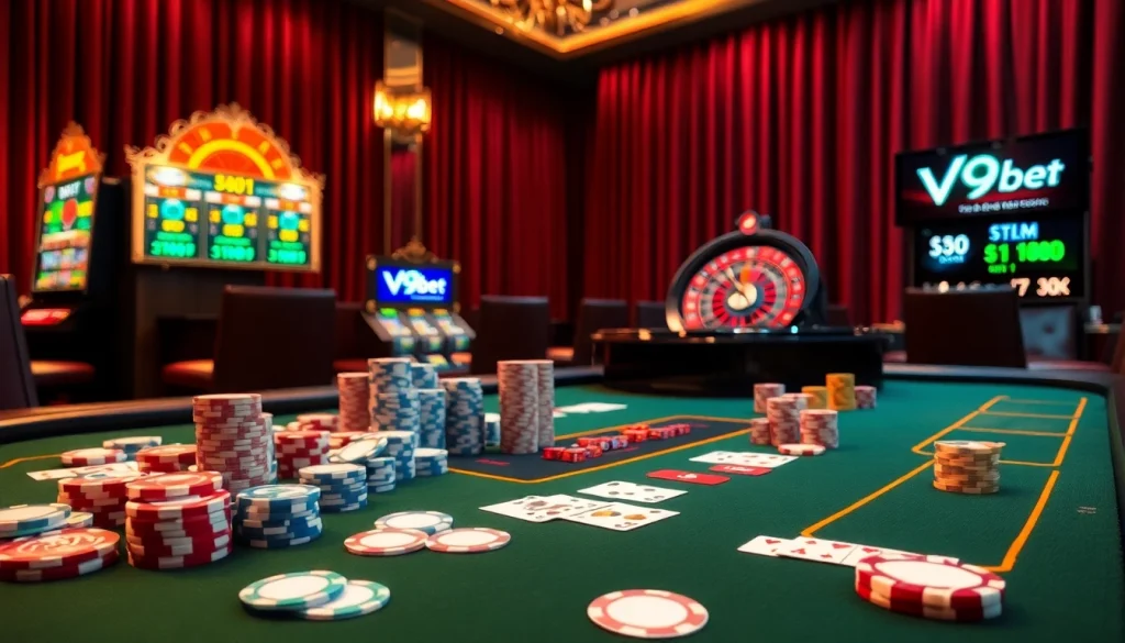 Players enjoying premium poker games and vibrant slots at V9bet casino.