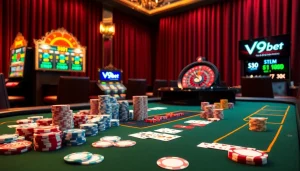 Players enjoying premium poker games and vibrant slots at V9bet casino.