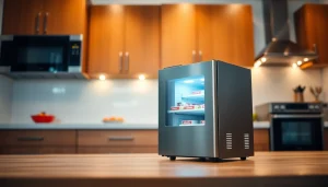 Showcase a modern mini freezer highlighting its compact and efficient features.